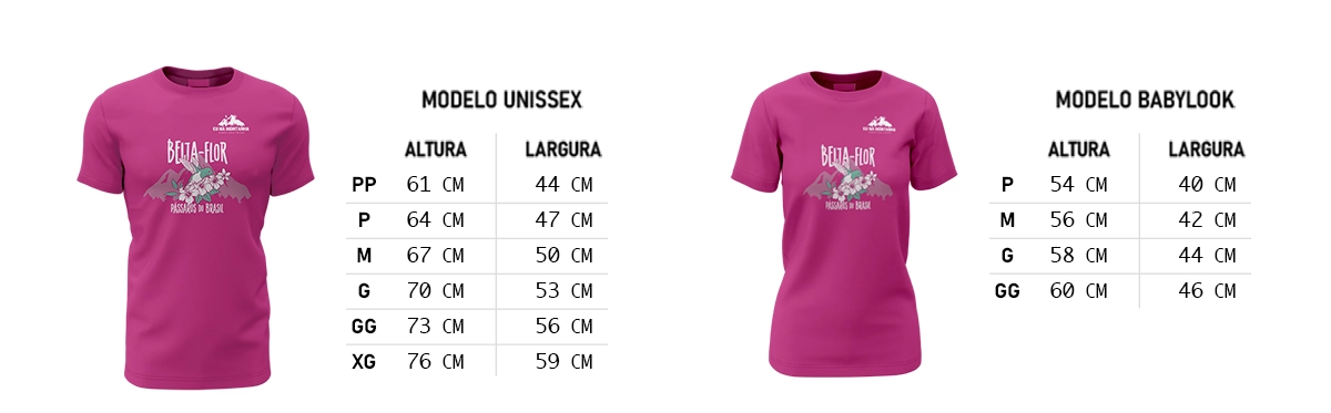 Medidas das camisetas